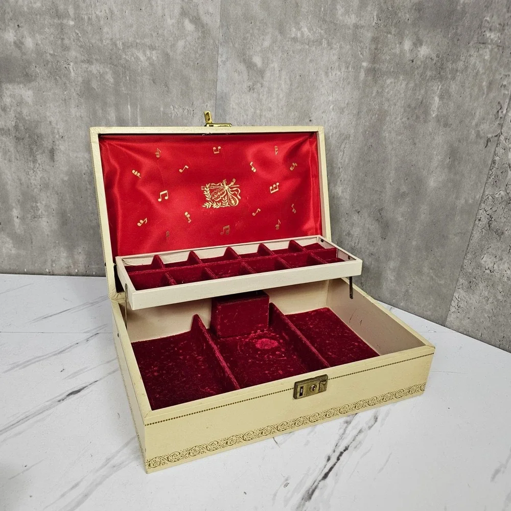 Vintage La Paloma Jewelry Box Cream & Red Velvet Musical Notes Storage Organizer